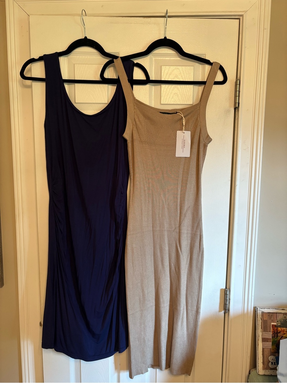 Sleeveless maternity Midi Dresses in Tan and navy